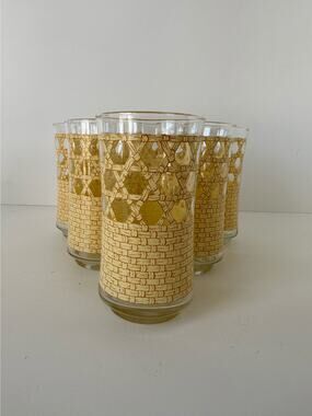 Set/6 Vintage 1970's Rattan Caned Pattern glasses, tumblers, water,
